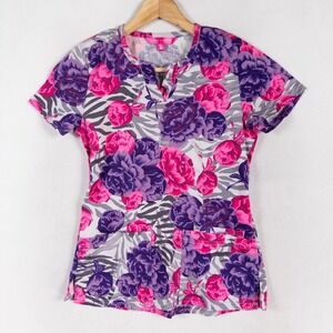 Beyond Scrubs Scrub Top Womens XS Pink Purple Floral Zebra Stretch Medical Nurse